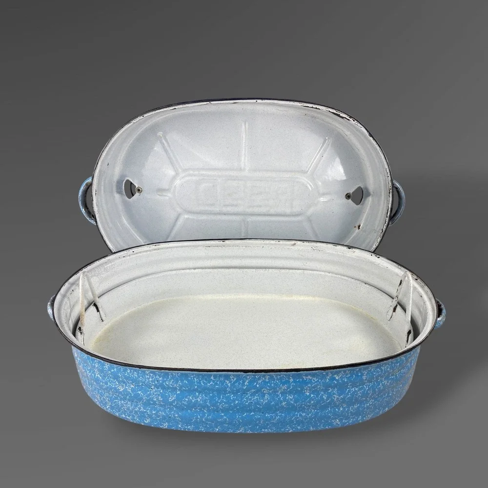 1911 Reed Blue Speckle Roaster Graniteware 3 Piece Dutch Oven Primitive Decor‎